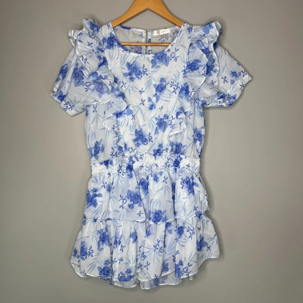 LoveShackFancy Womens XL Floral Mini Dress Blue White Ruffle Cotton